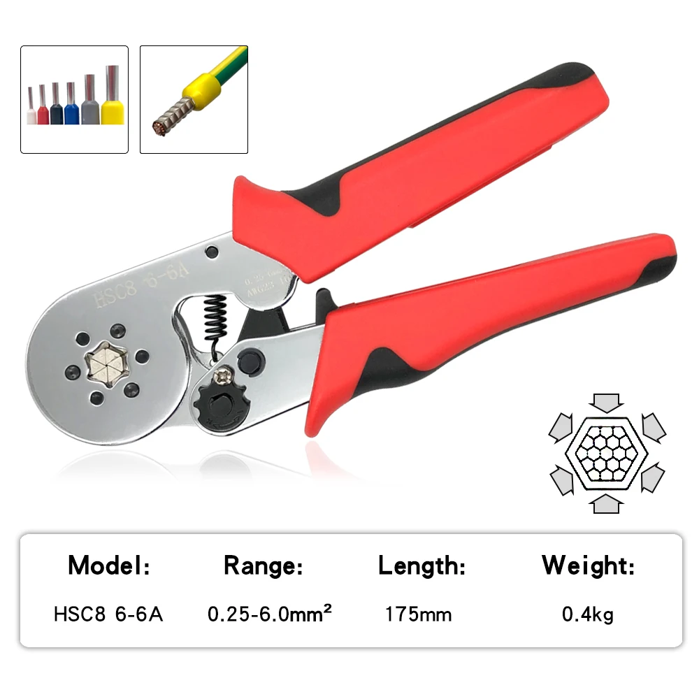 

Ferrule Sleeves Terminal Crimping Tools HSC8 6-4A/0.25-10mm² 6-6A/0.25-6.0mm² Self-adjustable Ratcheting Crimper