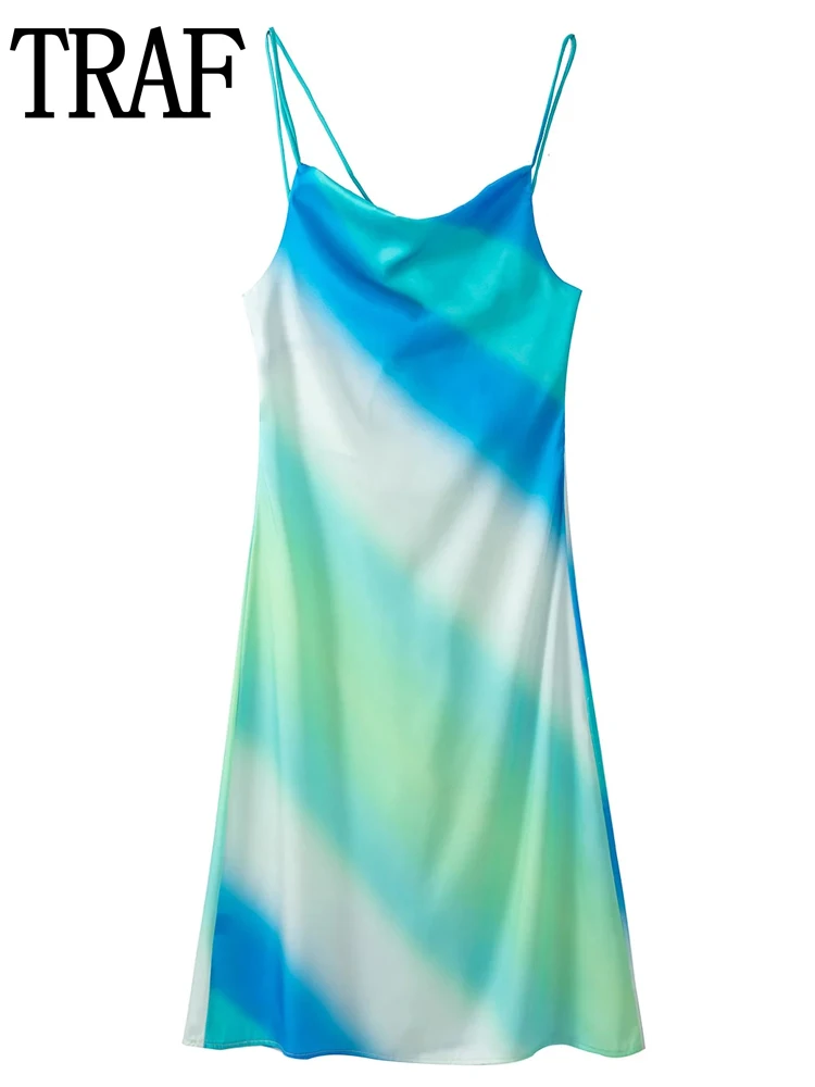 

TRAF Women's Slip Dress Off Shoulder Satin Dress Woman 2022 Sexy Backless Long Night Dresses Women Tie Dye Summer Mini Dress