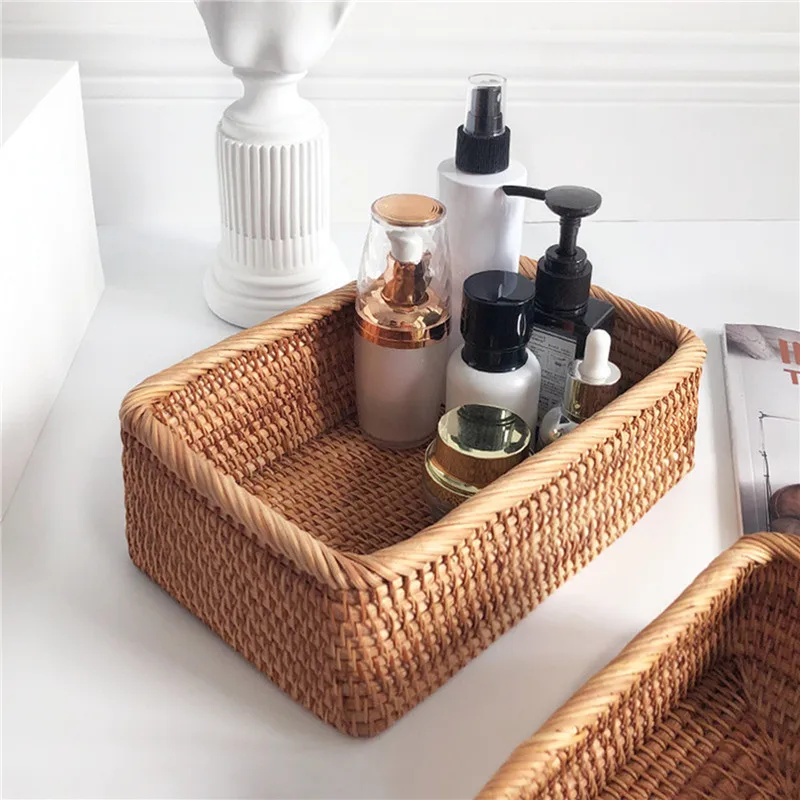 

Handwoven Rectangular Rattan Wicker Basket Fruit Tea Snack Bread Picnic Cosmetic Storage Box Kitchen Supplies Household Tools