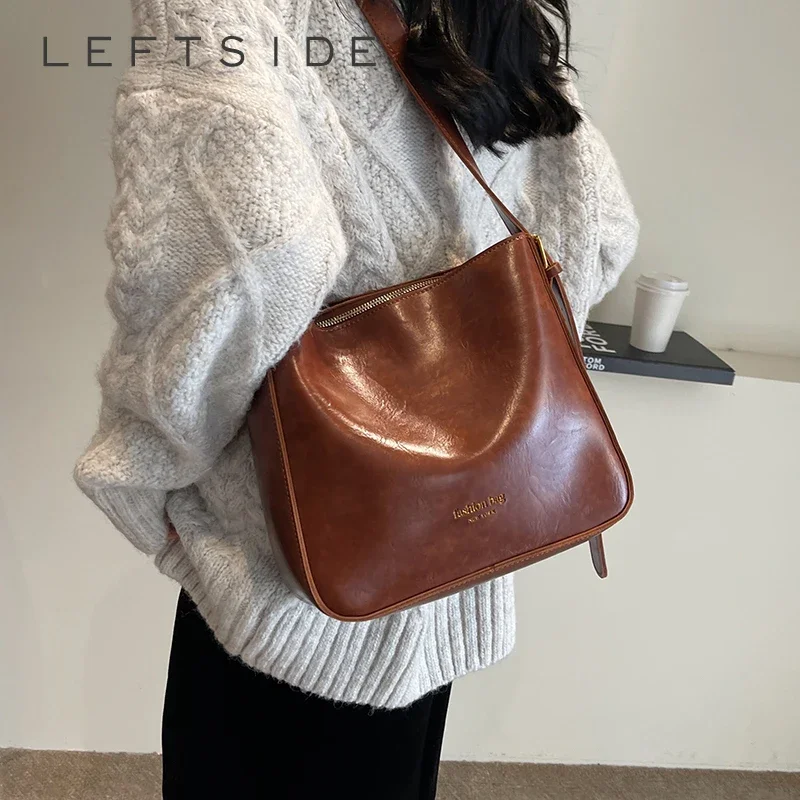 

LEFTSIDE Retro Solid Color Bucket Bags for Women 2023 Winter PU Leather Lady Crossbody Bag Vintage Handbags and Purses