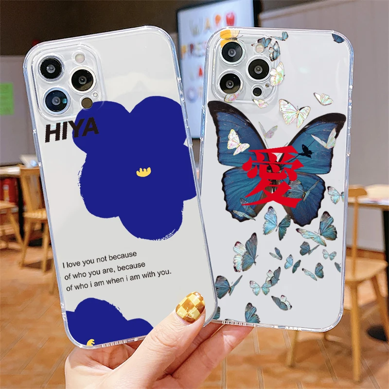 

Luxury Beautiful Flower Butterfly Phone Case For Apple iPhone 14 13 12 11 SE XR 7 8 6 mini Plus Pro MAX 2020 Transparent Cover