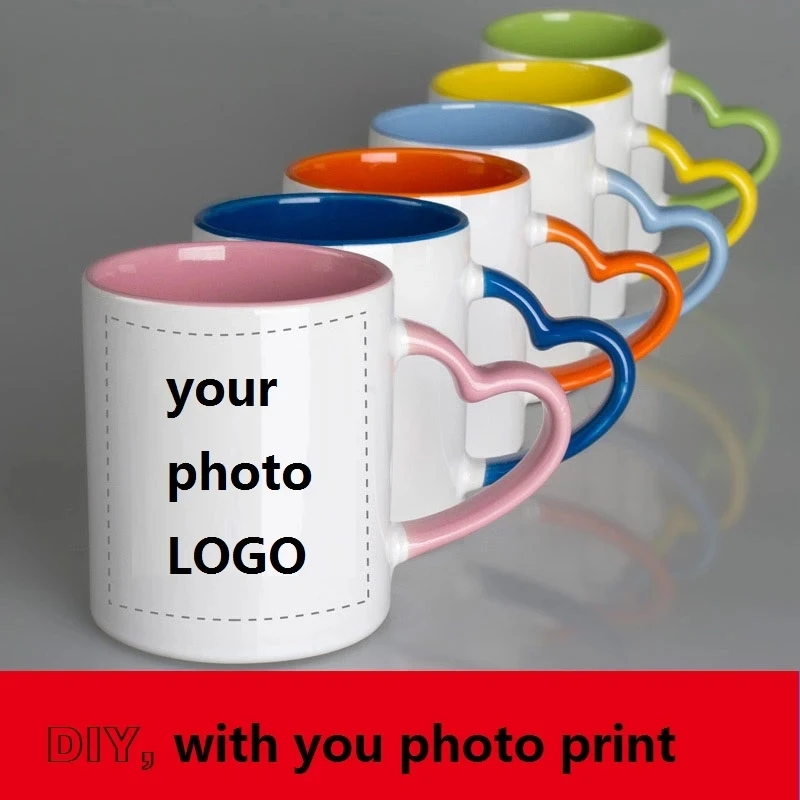 

Ceramic Mug DIY Photo Heart Shape Handle Color Inside and Hand Cup Customized Pictures LOGO Name Text Creative Cut Gifts