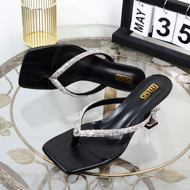 flip flops 2023 spring summer high heeled rhinestone Pinch toe women shoes wearing thin-heeled solid-color heeles shoes ladies