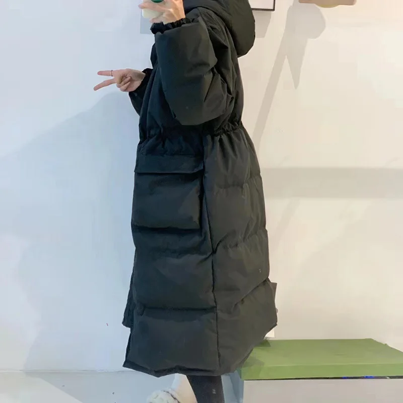 Knee Down Jacket 2022 Winter New Dongdamen Hooded Waist Closed White Duck Down Thickened Large Pocket Coat for Women