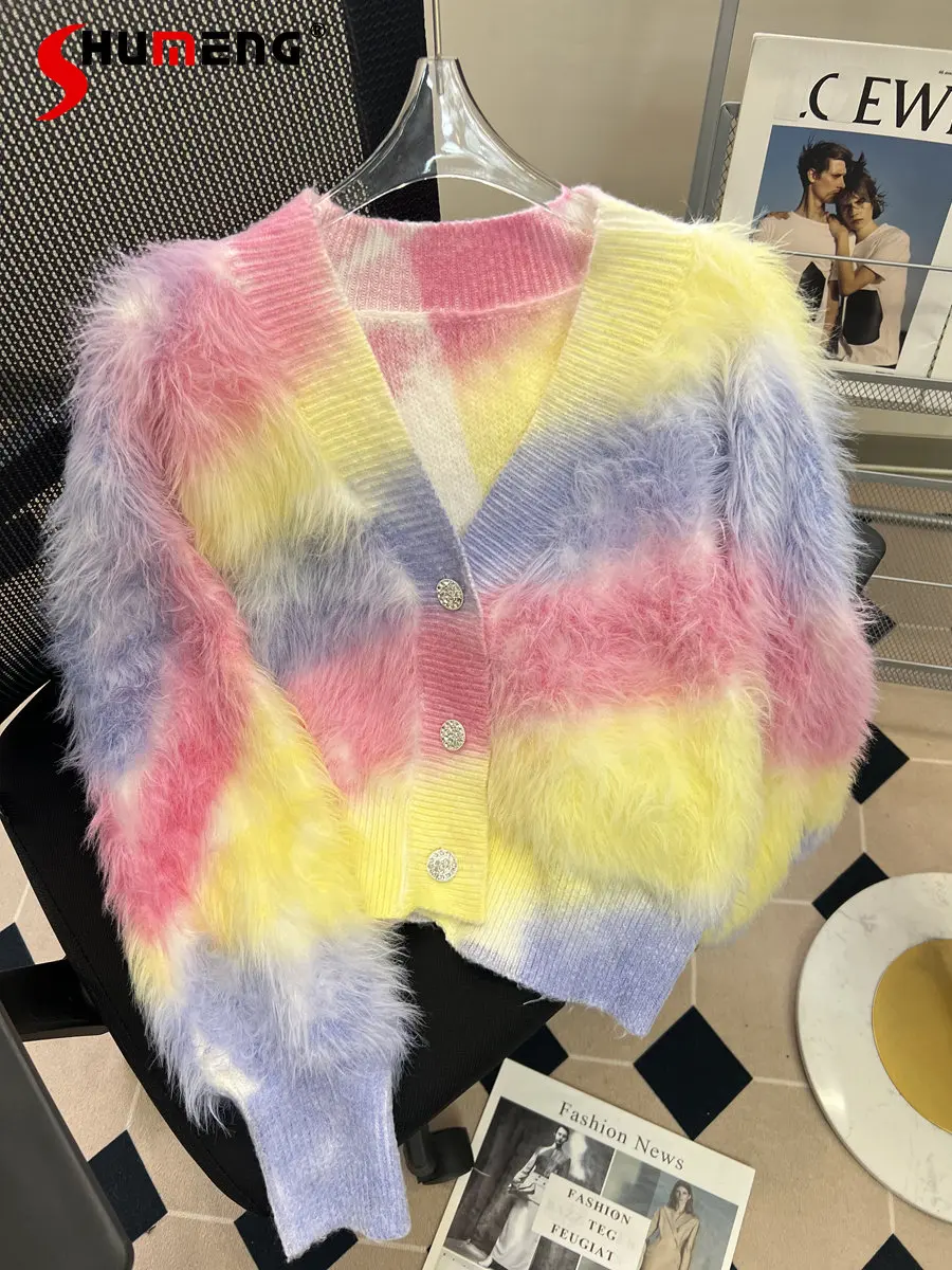 Sweet Rainbow Mohair Sweater Cardigan Coat Women Autumn Winter 2022 New Lazy Loose-Fitting V-neck Long Sleeve Knitted Jacket Top