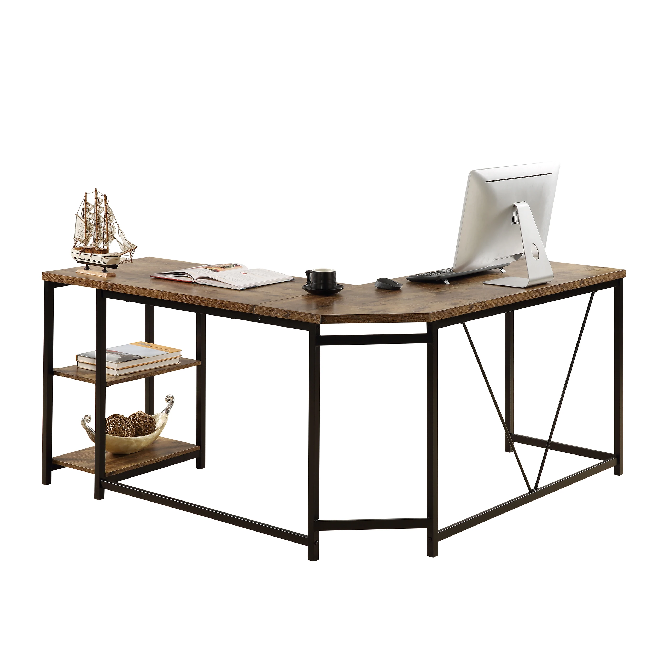 

59.1 Inch L-Shaped Computer Desk Corner Desk Writing Study Workstation Simple Assembly Metal Industrial Design Rustic Brown
