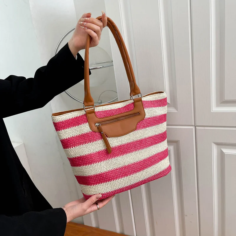 

Летняя соломенная сумка через плечо, Женская Полосатая Сумка-тоут из ротанга, плетеная пляжная сумка, плетеная Сумка-клатч из ротанга для путешествий и покупок
