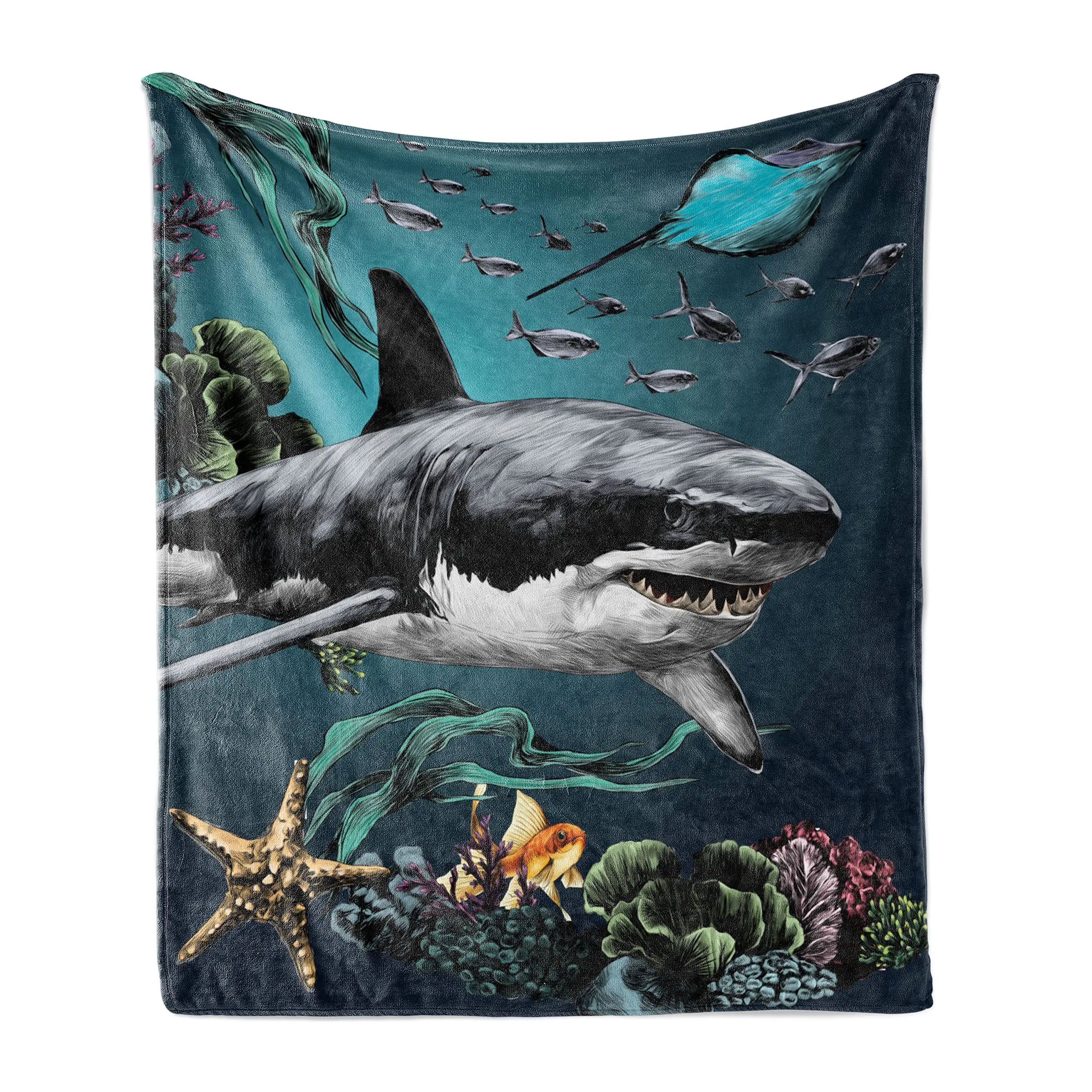 

Shark Throw Blanket, Underwater Marine Life Scene with Fishes and Sea Plants Corals Starfish Flannel Soft Blanket for Adult Gift