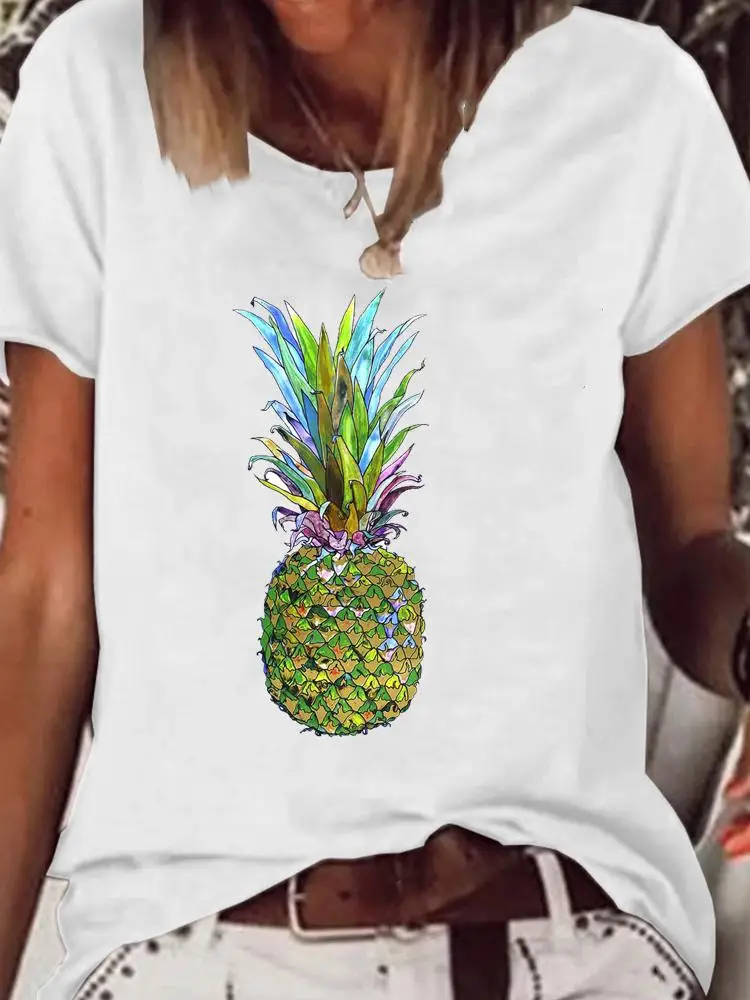 

Print T Shirt Short Sleeve Clothes Summer Fashion Women Clothing Watercolor Pineapple 90s Graphic T-shirt Kawaii Basic Tee Top