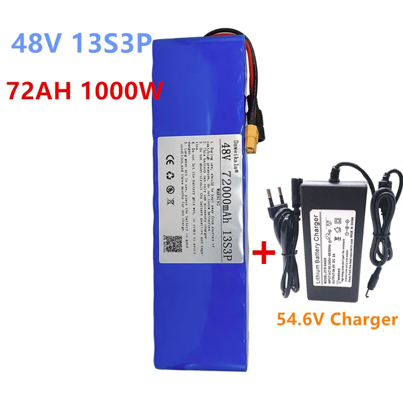 

2022 new 48V 100Ah 1000w 13S3P XT60 48V Lithium ion Battery Pack 72000mah For 54.6v E-bike Electric bicycle Scooter with BMS
