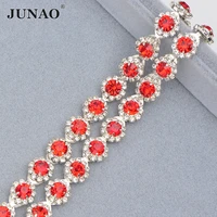 junao 1 yard silver red glass rhinestone chain sew on metal trim applique flatback crystal stones for shoes boots decoration