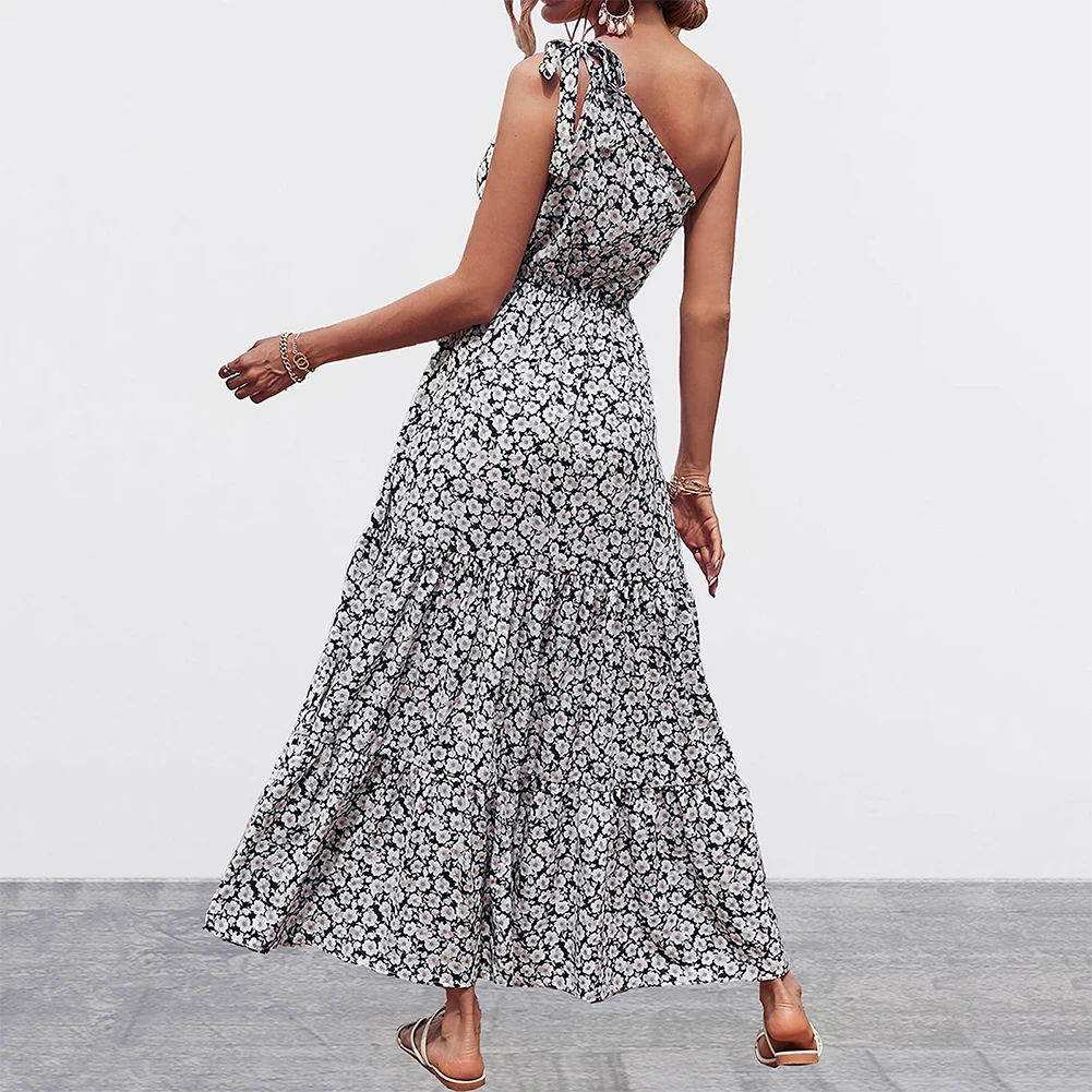 

Women Dress Single Shoulder Bohemian Fashion Floral Printed Sleeveless Beach Vacation Casual Big Swing Elegant Dresses