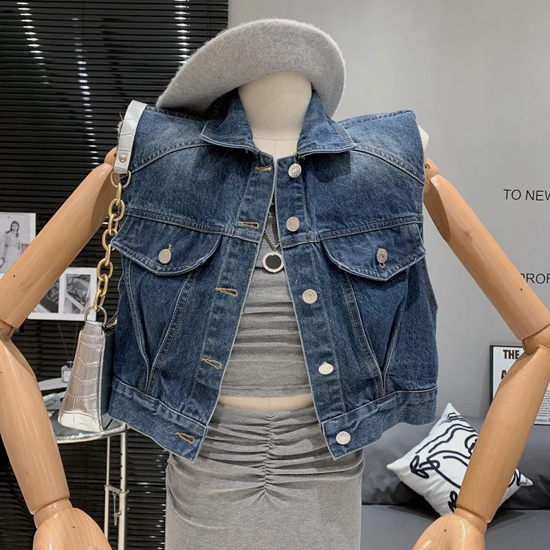 

Loose and slim waistband design with vintage denim vest sleeveless short jacket Top Coat