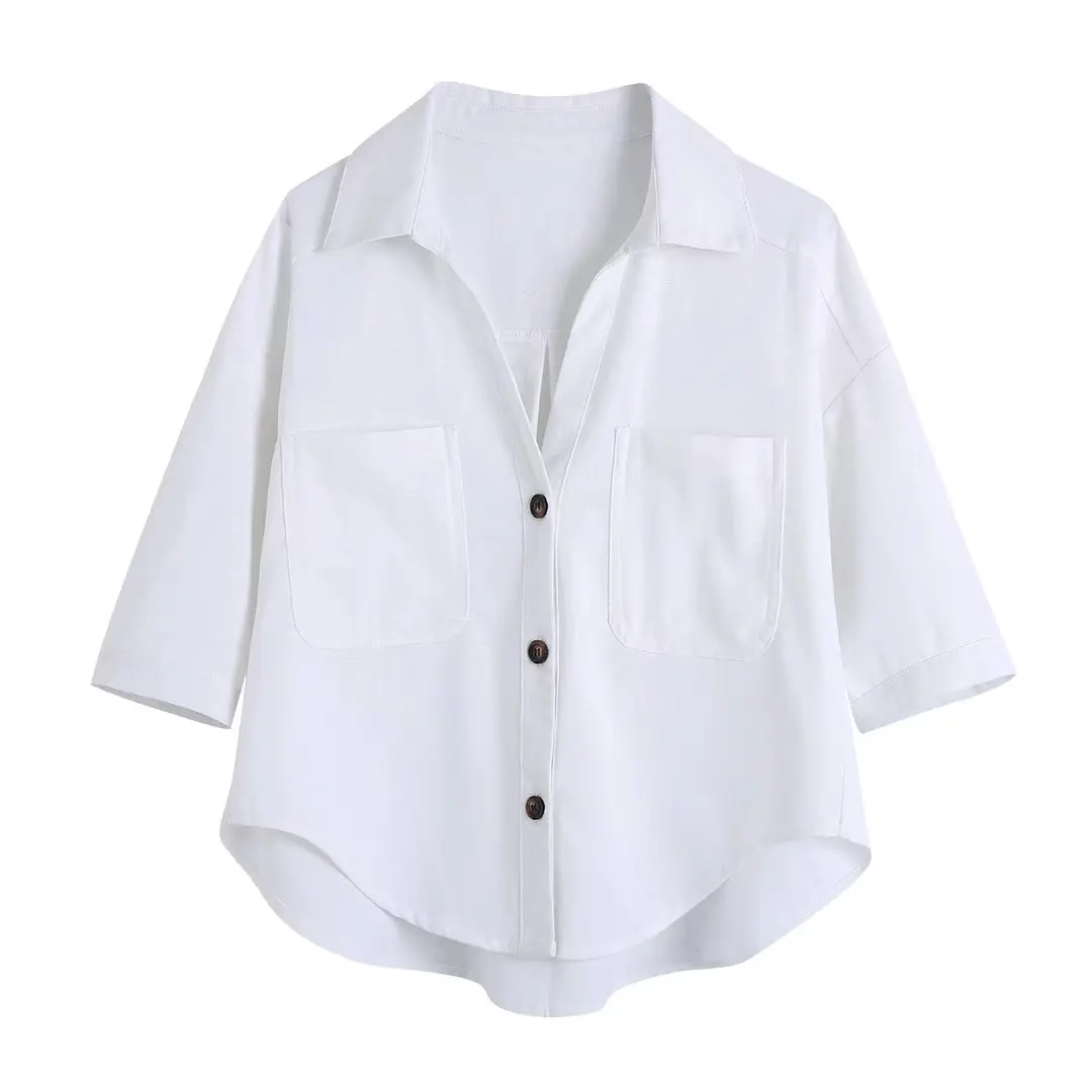 

Summer 2022 Women Short Sleeve Linen Shirt Turn-down Collar Pockets Blouse Chic Female Solid All-Match Tops
