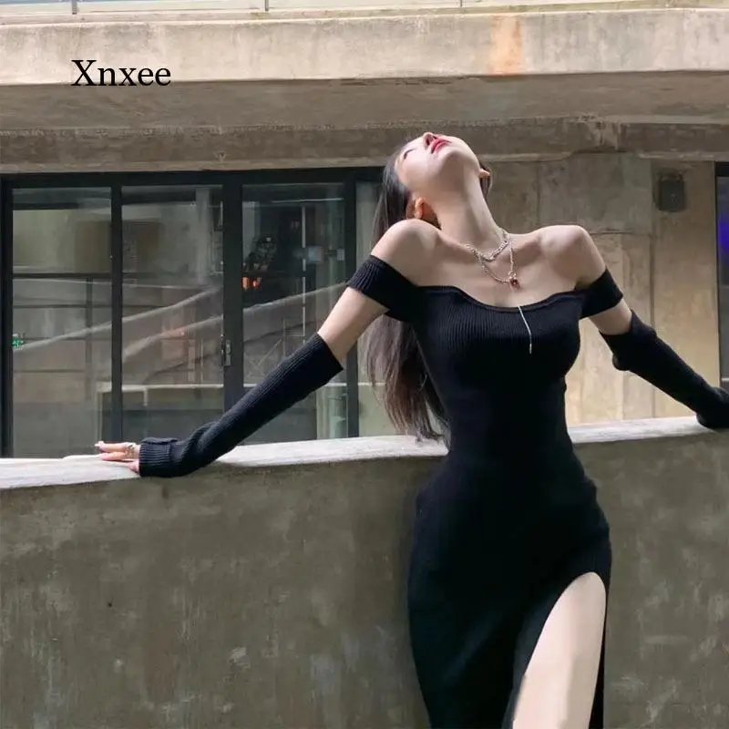 

Women Side Split Maxi Dress Off Shoulder Slash Neck Bodycon Long Sleeve Robe Sexy Birthday Party Night Cute Black Vestido Outfit