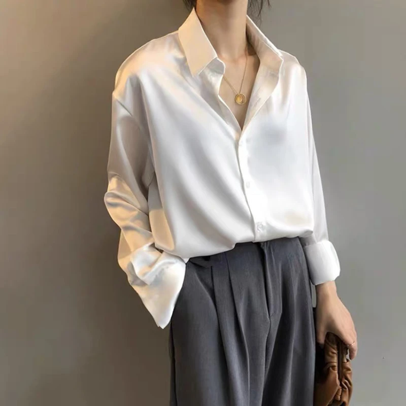 2022 Spring Autumn Solid Color Satin Shirt Elegant Slim Blouse for Women Loose Open Stitch Tops Korean Turn-Down Collar Clothing