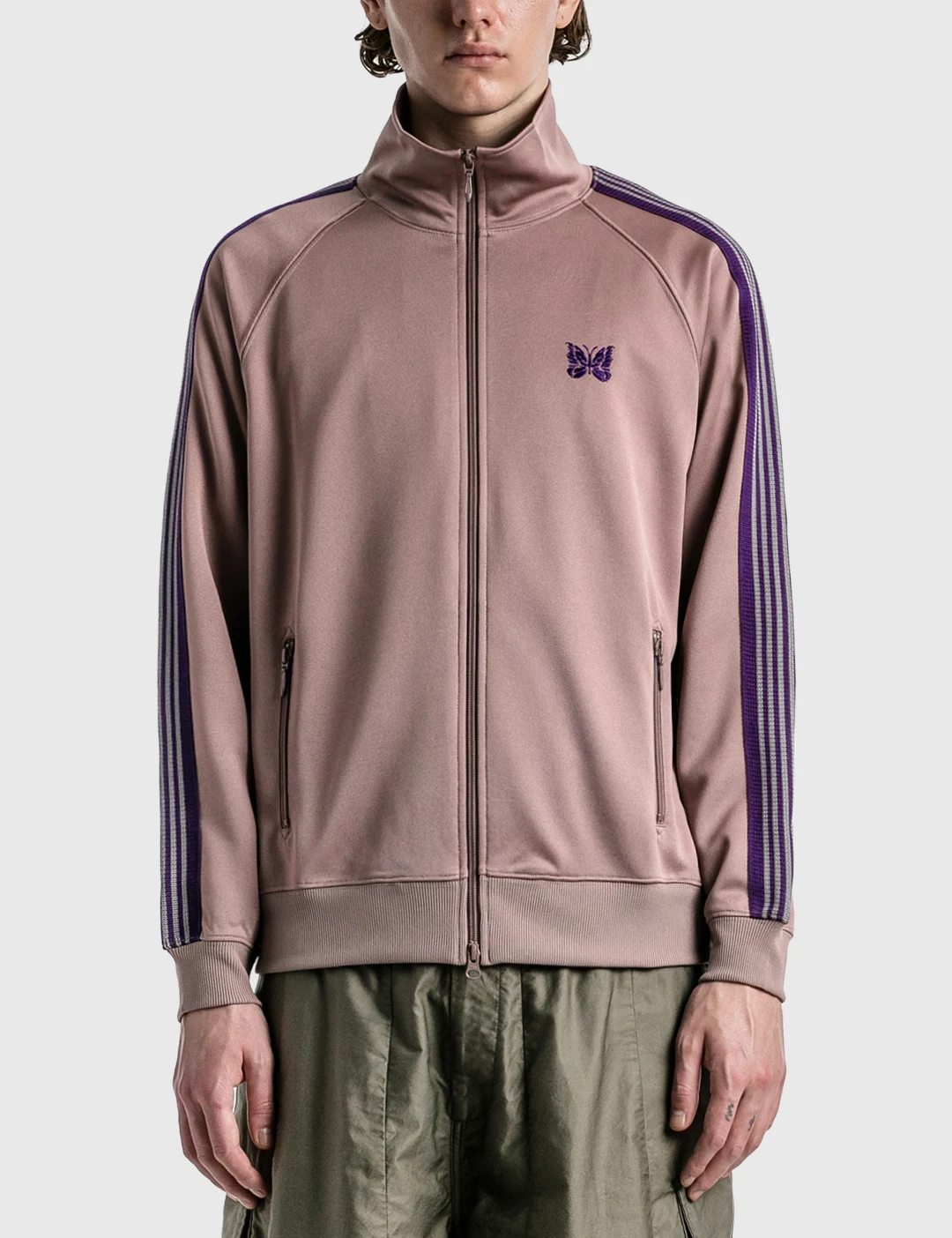 

New Taupe Needles Track Jacket Men Women Knitted Purple Stripe Poly Smooth Needles Jackets Butterfly Logo Sport Coat Hip Hop