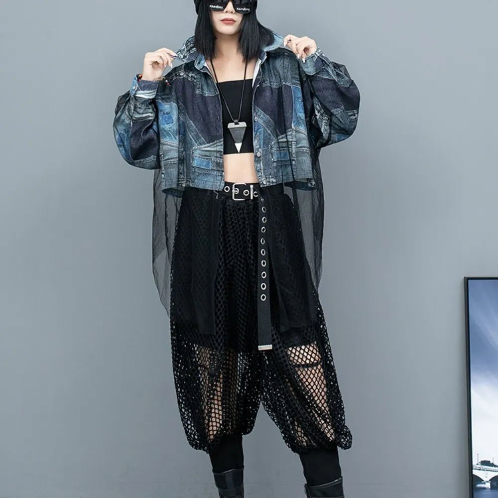 Женский костюм из двух предметов Джинсовая Лоскутная куртка с длинным рукавом и