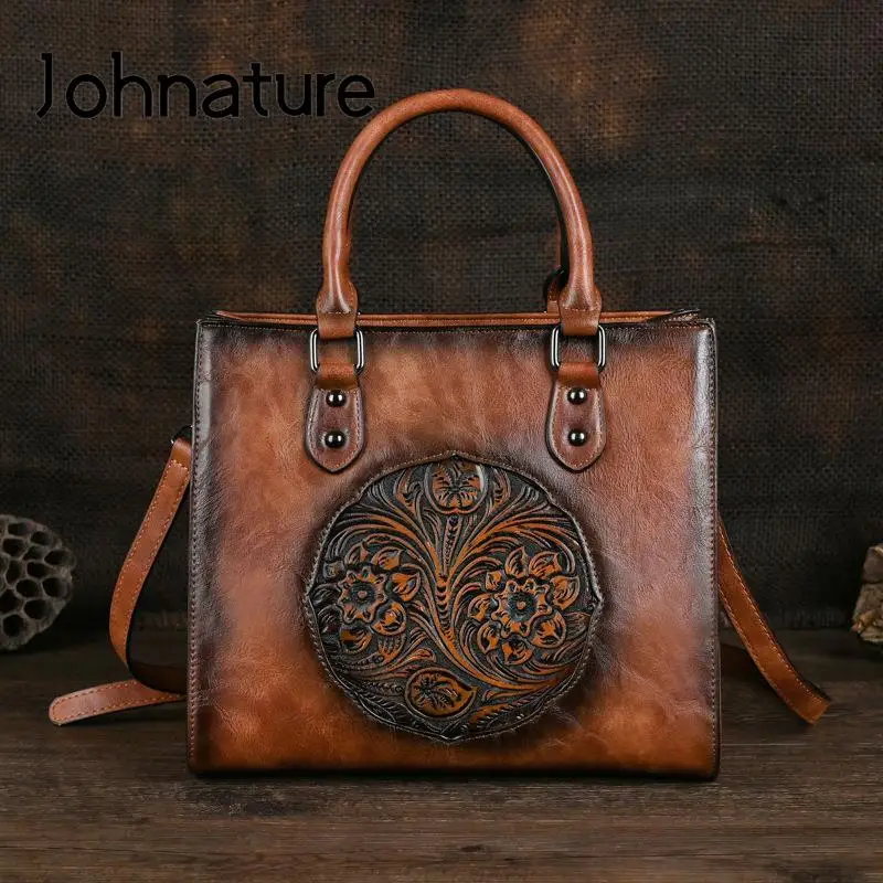 

Johnature Retro Handbag Women Leather Bag 2023 New Handmade Totem Embossed Large Capacity Shoulder & Crossbody