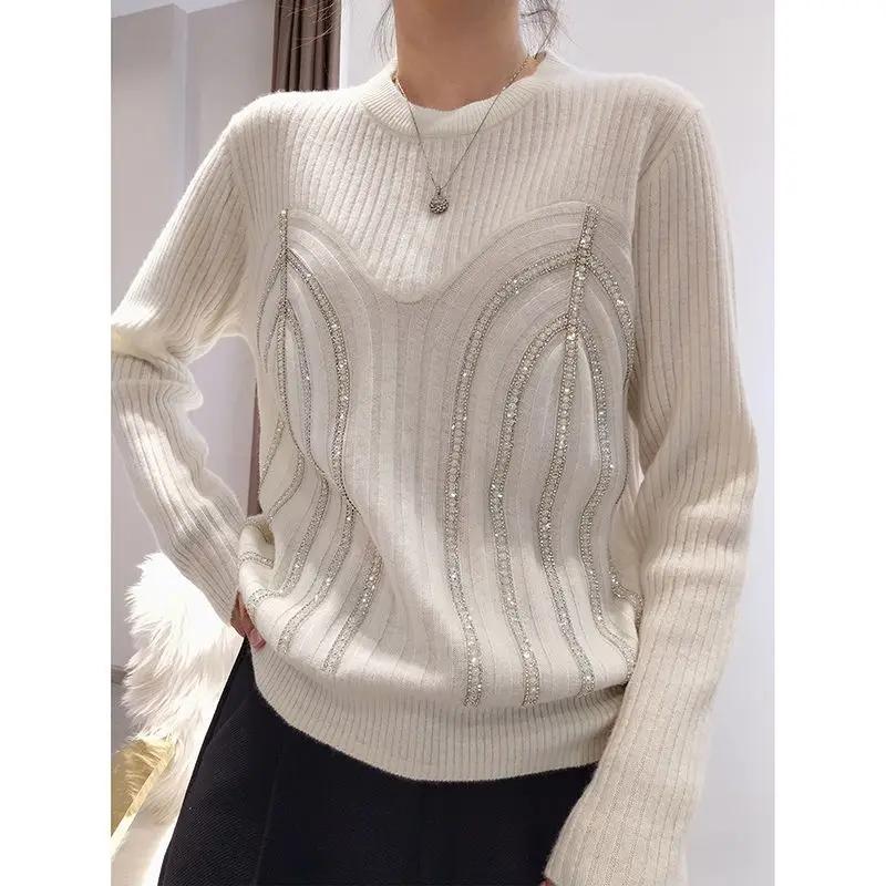 

2022 Fashion Loose Knitted Sweater Women Jumpers Long Sleeve Solid Diamond Woman Pullovers Sweaters Casual Winter Sweater U147