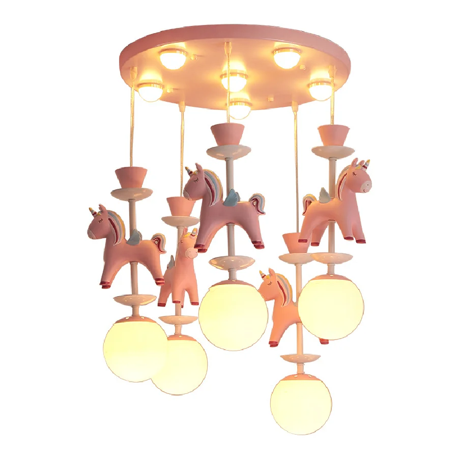 

Creative Children's Room Chandelier Cartoon Unicorn Carousel Chandelier Nordic Boys And Girls Bedroom Room Lamp