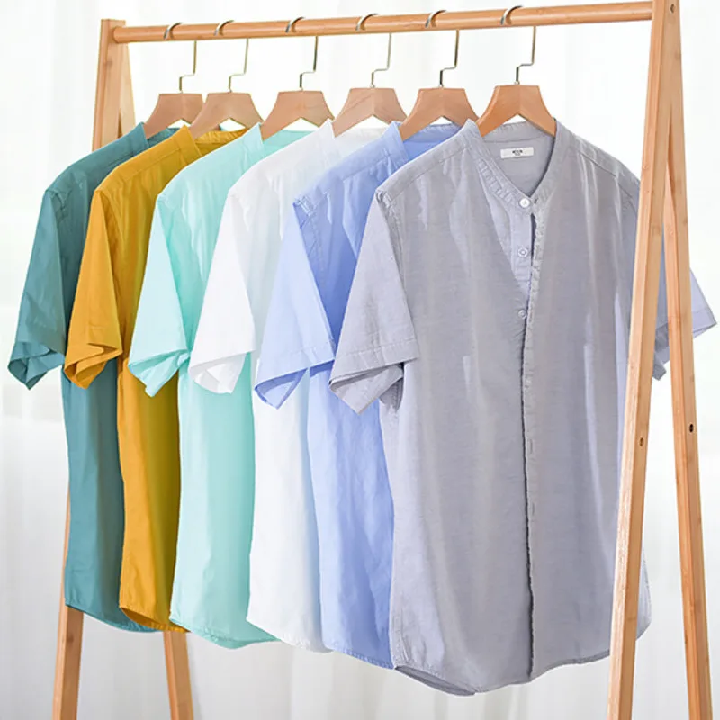 New Summer Men's Stand Collar Casual Cotton Shirt Short Sleeve Oxford Pure Simple Tops T-shirt For Male