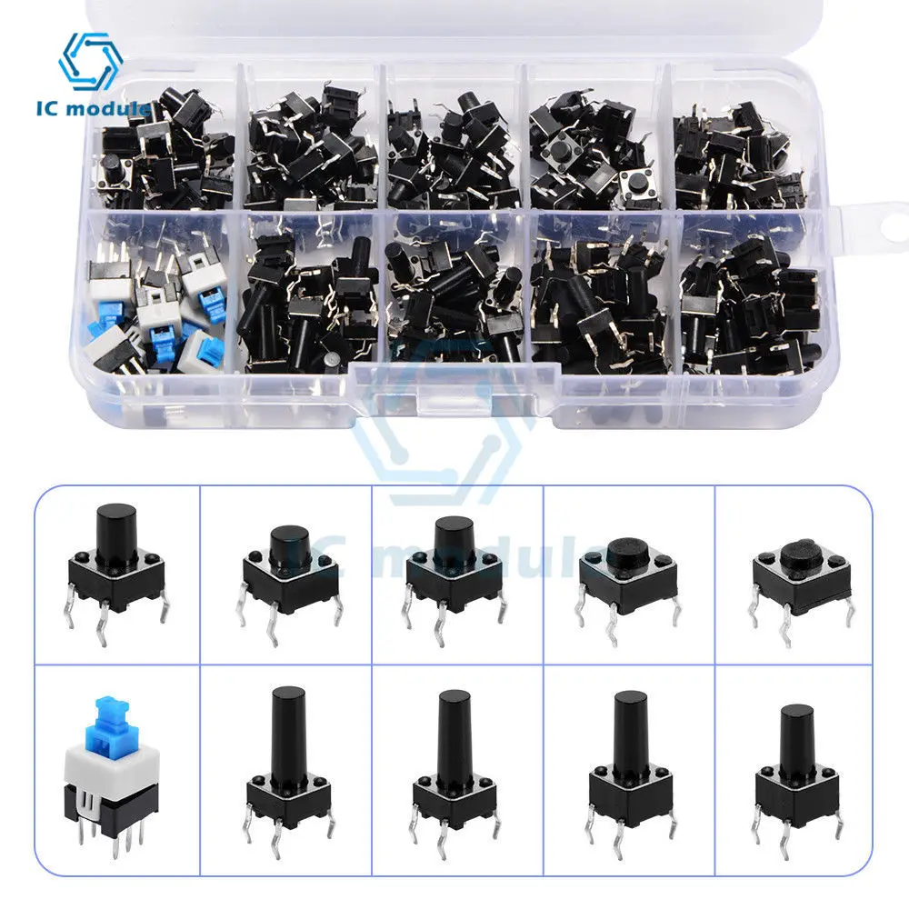

180 pcs/lot Tactile Push Button Switch Micro Momentary Tact Assortment Kit 6mm Micro Switches with Storage Case