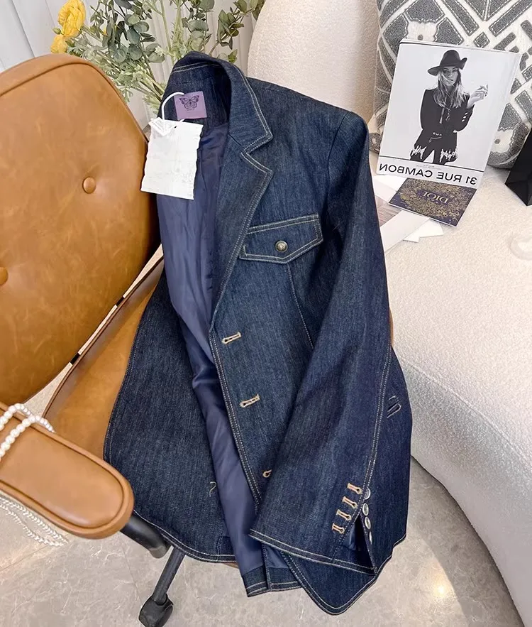 2023 Spring Autumn New Vintage Denim Blazer Coat Women Clothing Heavy Industry Button Handsome Blazer Jackets Ladies Tops AC761