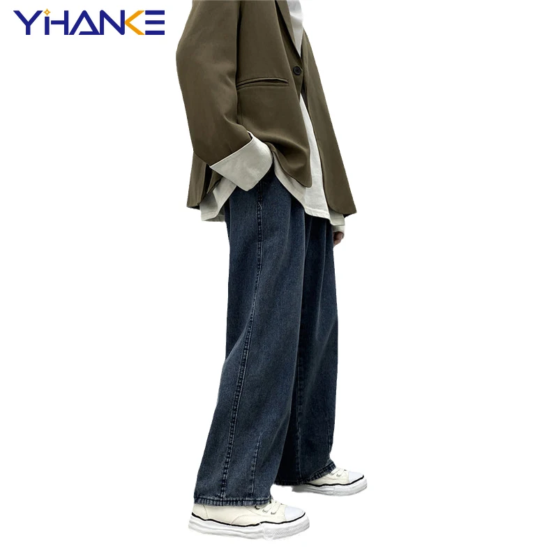 YIHANKE Men's Pants Straight Solid Color Jeans Large Size Loose Wide Leg All-match Trend Hip-hop Men's Pants Pantalones Hombre