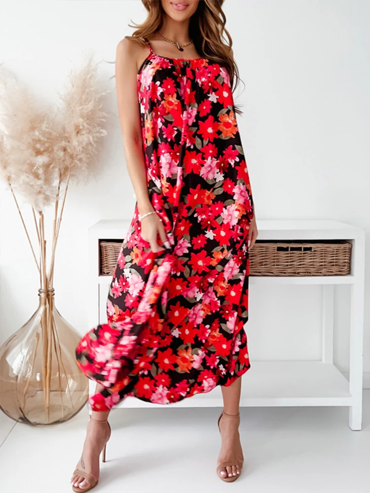 

Женское летнее платье с цветочным принтом, Повседневное платье миди в стиле бохо с открытой спиной и перекрестной спиной, 2022