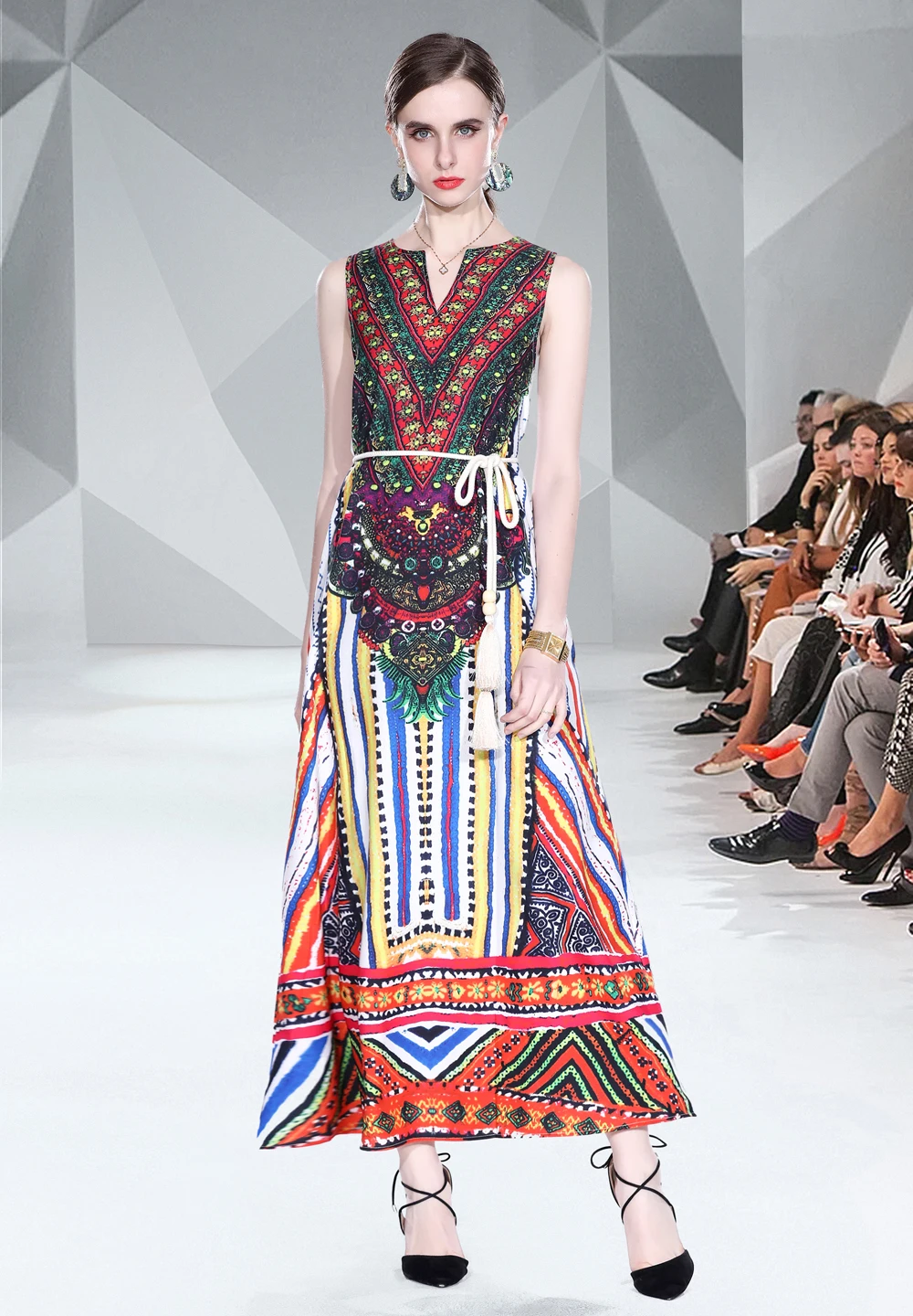 

Women Summer Elegant Long Maxi Dress Fashion Casual Party Robe Female Vintage V-Neck Sleeveless Chiffon Print Dress Vestidos