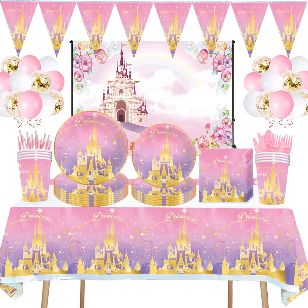 

Customize Princess Happy Girl Child Birthday Theme Party Decoration Set Party Supplies Plate Banner Hat Straw Loot Bag Cake Dec