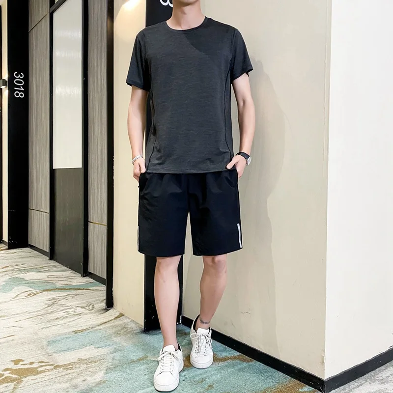 2023 Summer Short Sleeve Sports Set Men's Thin Ice Silk Quick Drying Breathable Morning Running Wear Casual Wear Two Piece Set