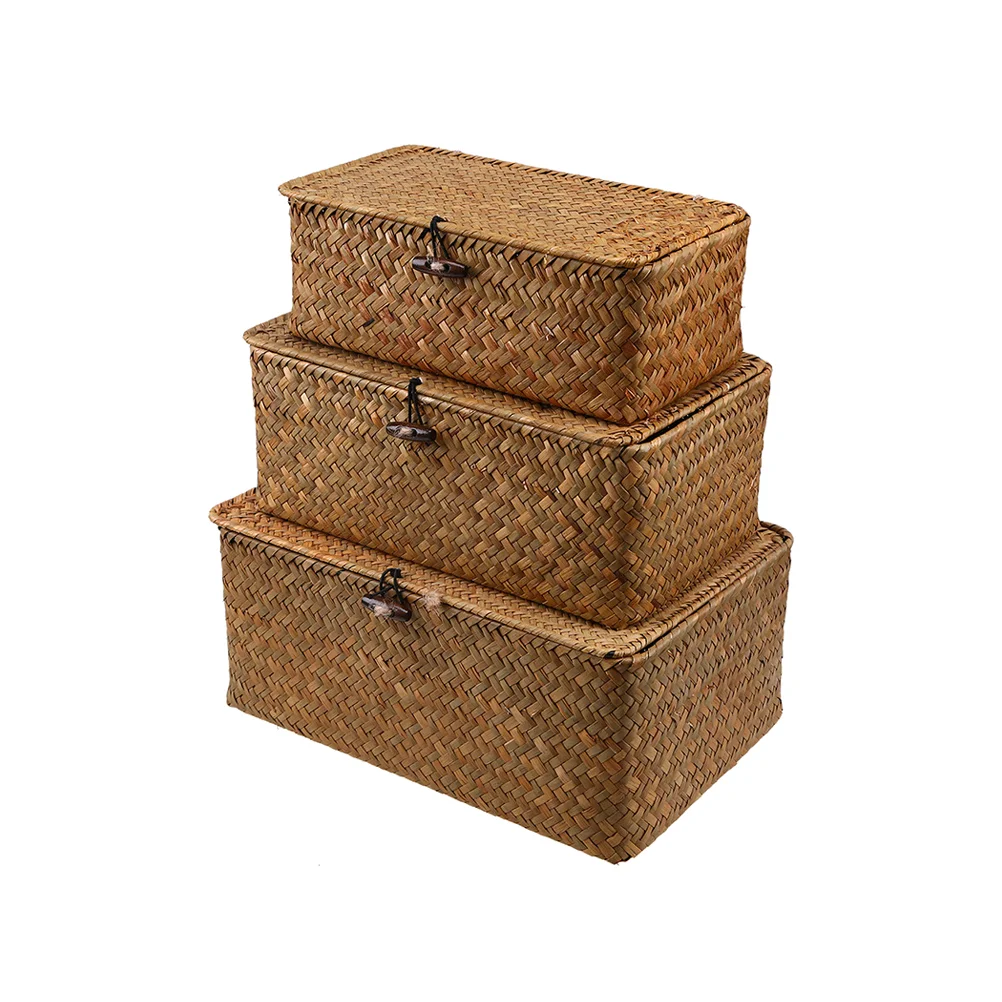 

3pcs New Seaweed With Button Woven Basket Straw Woven Debris Desktop Storage Box Hand-woven Storage Basket - Size S, M,