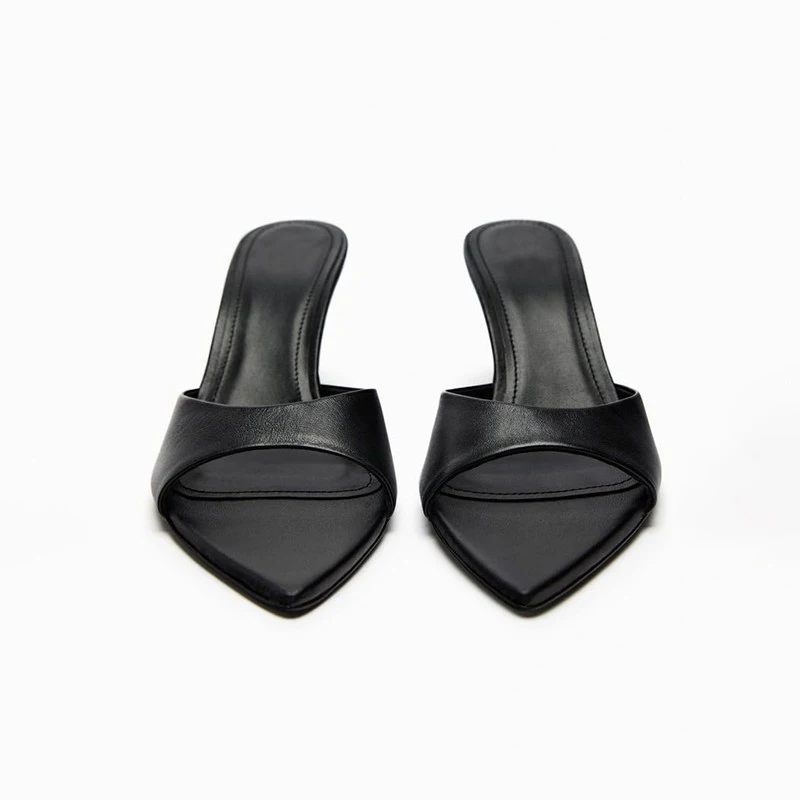 2023 New Pointed Toe High Heel Womens Slippers Summer Fashion Leather Prom Pumps Metal Series Thin Heel Sandals Ladies Slippers