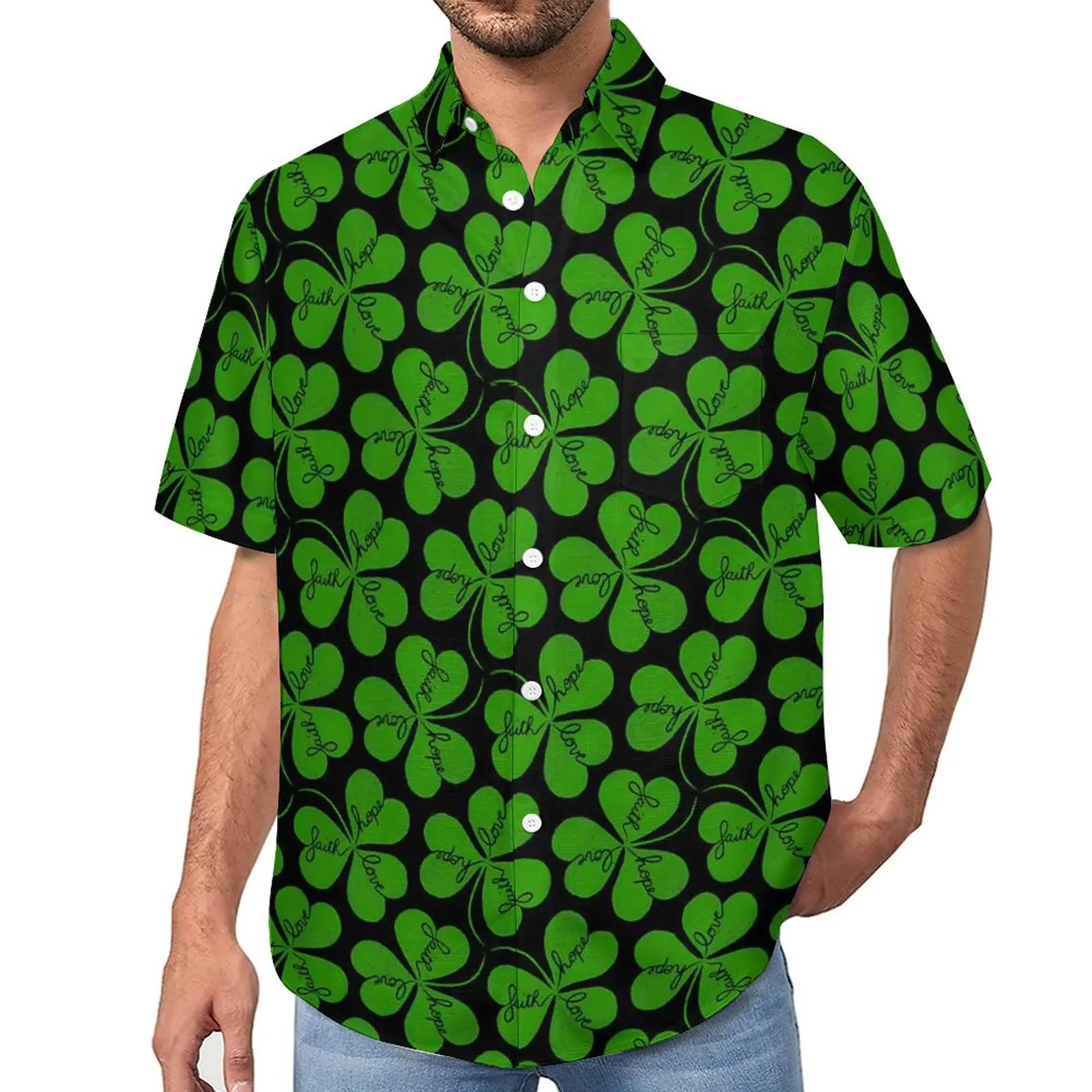 

St Patricks Day Loose Shirt Man Vacation Green Shamrock Casual Shirts Hawaiian Custom Short Sleeve Retro Oversized Blouses