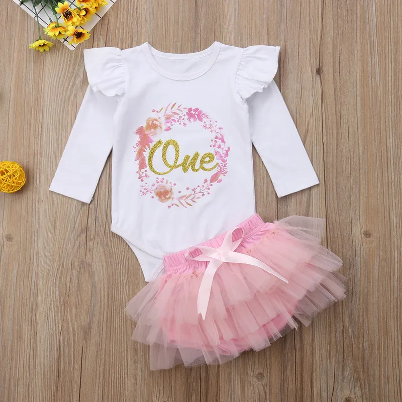 Baby Girl 1st Birthday Outfit Spring Autumn One Year Party Cake Smash Tutu Skirt Long Sleeve Ruffles Lovely Clothes Set