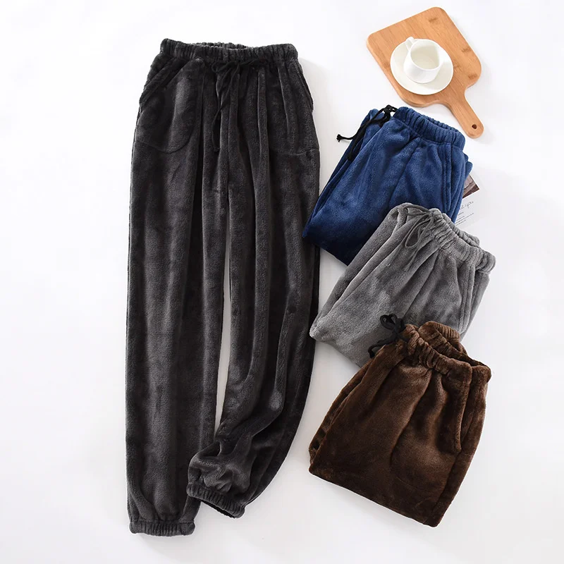 

Japanese style new men's ome pants tick flannel warm pants autumn and winter lare size coral fleece trousers pajama pants