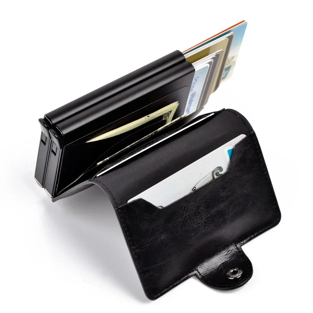 

Мужской бумажник, металлический кожаный держатель для кредитных карт в алюминиевой двойной коробке для женщин, тонкий противоударный дорожный держатель для удостоверения личности
