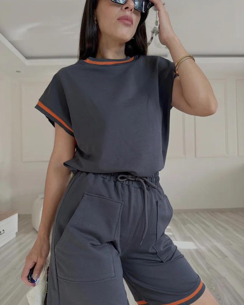 Женский комплект из 2 предметов футболка и шорты смески хлопка с коротким рукавом