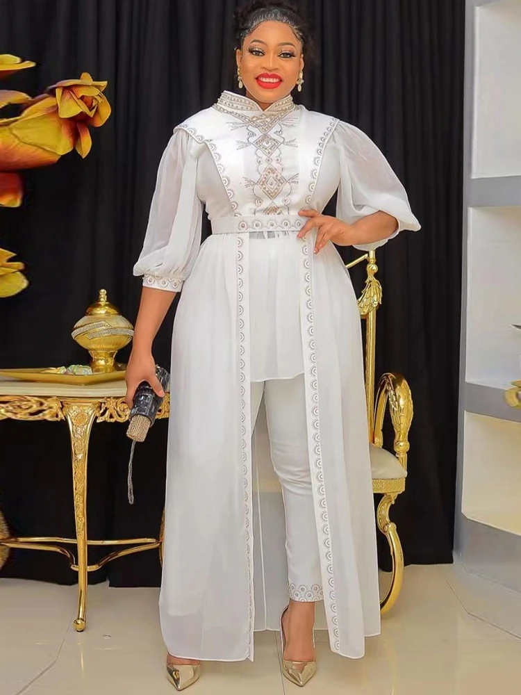 

Two Piece Set Robe Africaine Femme Chiffon Dress Pants Sets Suit African Women Big Size Party Gown Tops Trousers Vetement Femme