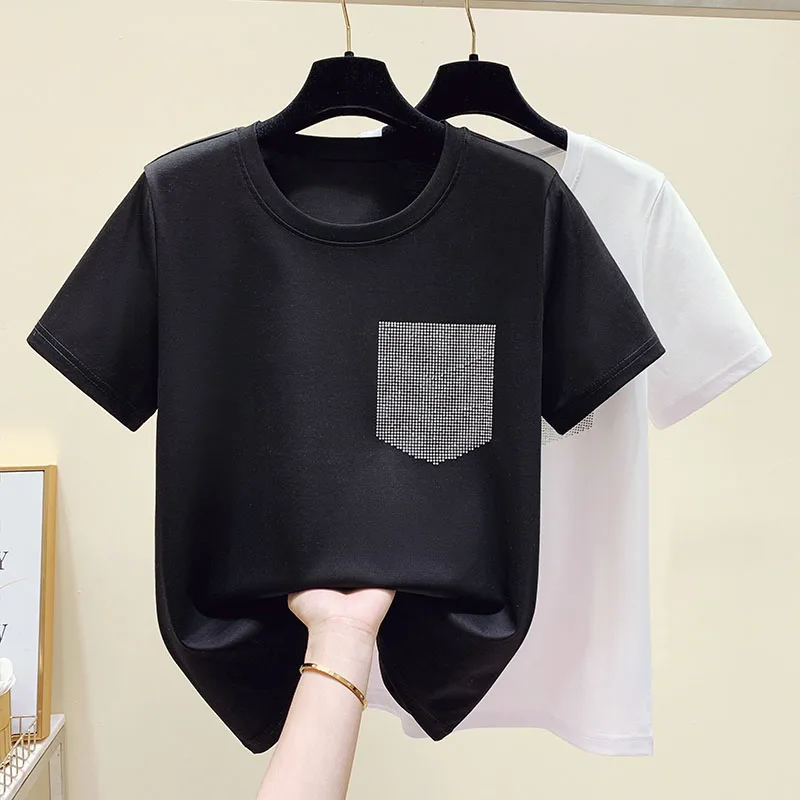 

Women T Shirt Summer Short Sleeve Tops O neck diamond White Black Tshirt Cotton Korean T-shirt Women Clothes Tees Femme