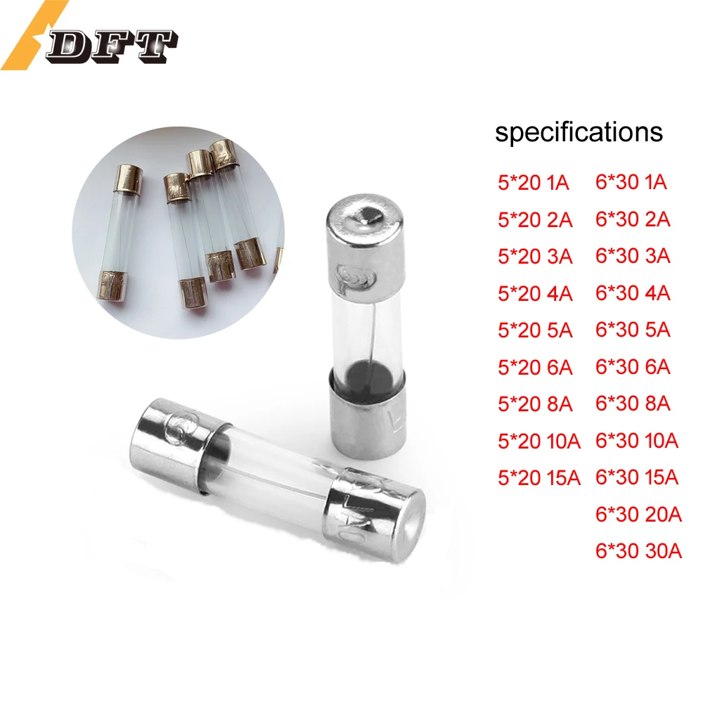 

5 piece glass tube fuse fuse Fast Fuse 5x20 mm 6x30 mm 250 V 1A 2A 3A 4A 5A 6A 8A 10A 12A~20A 30A fuse Quick Blow Free shipping