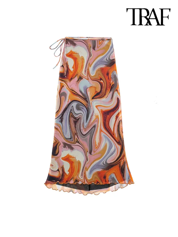 

TRAF Women Fashion Contrast Lining Printed Tulle Midi Skirt Vintage High Waist With Tied Female Dresses Vestidos Mujer