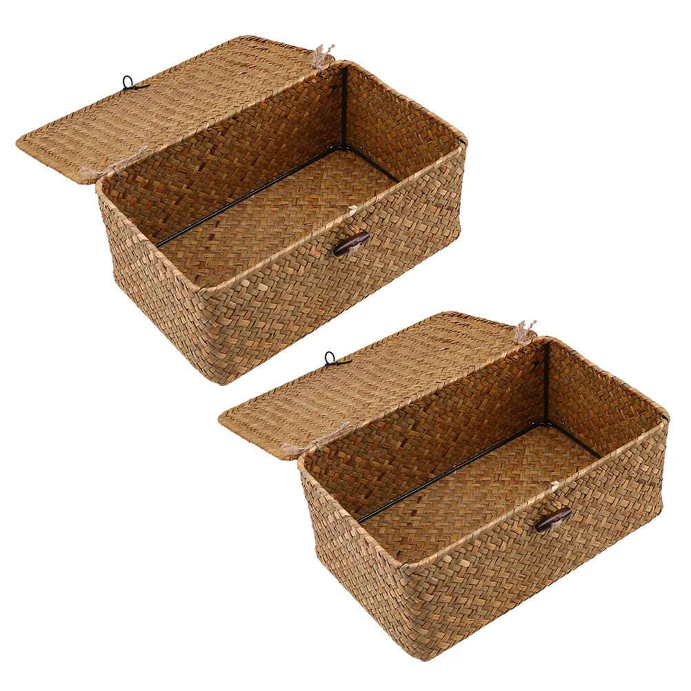

2pcs Wicker Storage Bin Seagrass Organizer Cube Decorative Storage Boxes Basket with Lid Rustic Storage Baskets