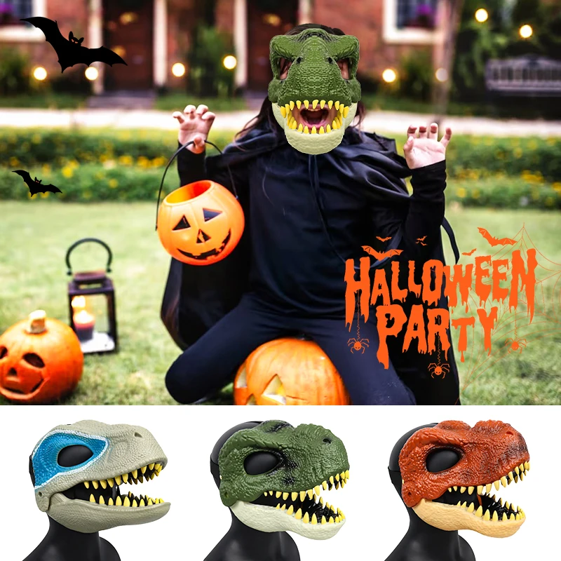 

Halloween PVC 3D Dinosaur Masks Horror Dragon Headgears Masquerade Party Cosplay Costume Jurassic Moving Jaw Lifelike Mask Toys