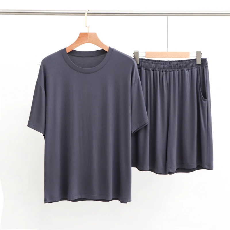 Pajama Men Stretch Drape Sleepwear with Round Neck Short-sleeved Shorts Large Size Can Be Worn Outside Casual  Home Leisure Suit