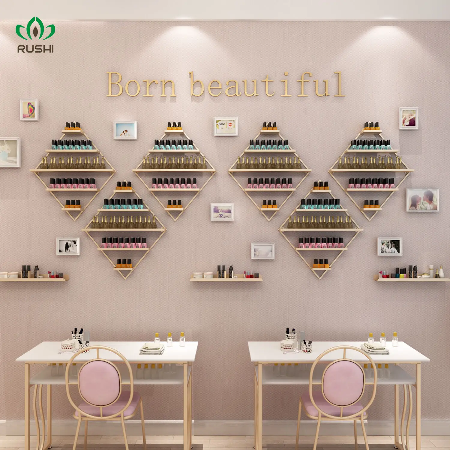 

Diamond Shape Nordic Golden Nail polish shelf Set Nail Shop Display Stand Wall Hanging Cosmetics Shelf Nail Polish Display Rack