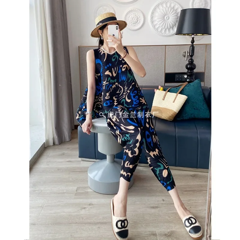 Плиссированные летние новые брюки с принтом Женский комплект из двух предметов