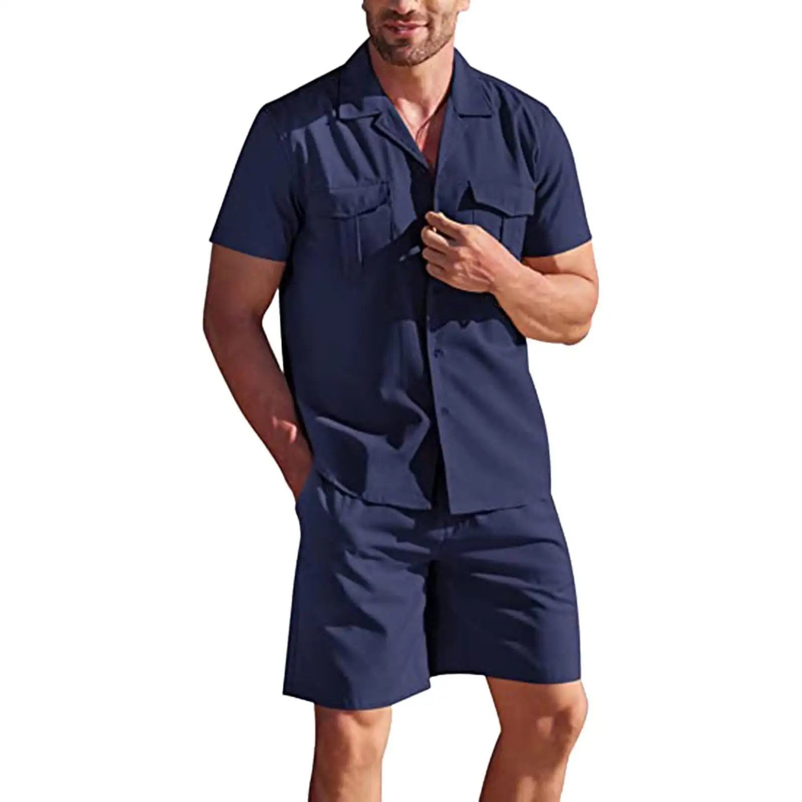 New Summer Men's Linen Short Sleeved Shirt Set Loose Casual Cotton Linen Cardigan Shirt+Shorts Two-Piece Set